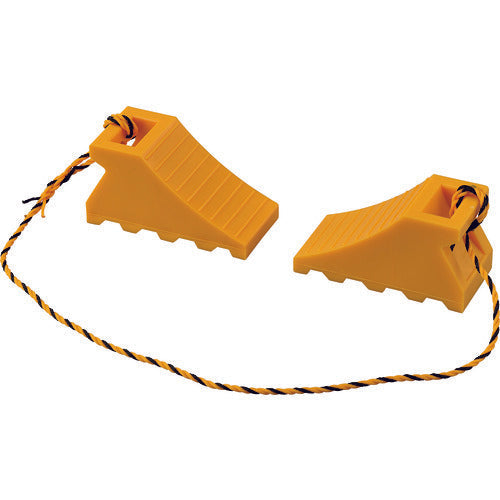 緑十字 タイヤストッパー(輪止め) 大型車用(10t車迄) 黄 タイヤストッパー5Y 2個組(トラ柄ロープ1.2m連結) 樹脂製