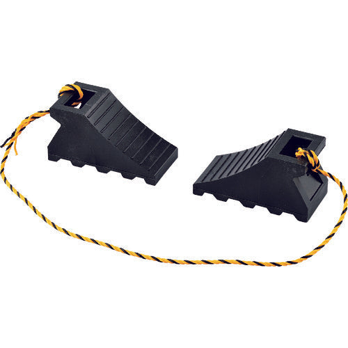 緑十字 タイヤストッパー(輪止め) 大型車用(10t車迄) 黒 タイヤストッパー5BK 2個組(トラ柄ロープ1.2m連結) 樹脂製