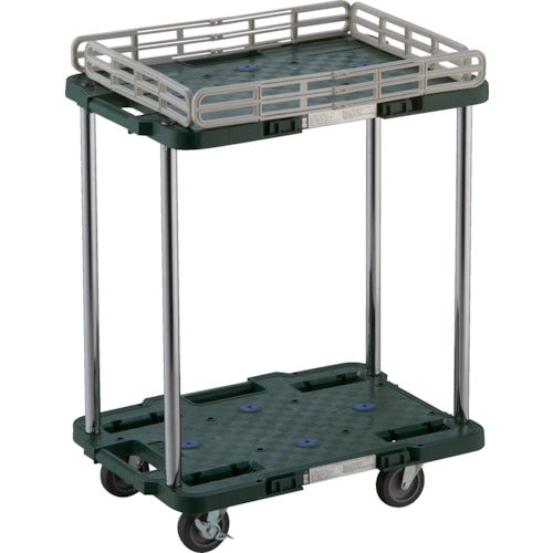 TRUSCO 樹脂製台車 ルートバン 2段式 柵1段付 370X500 4輪自在ストッパー付 緑