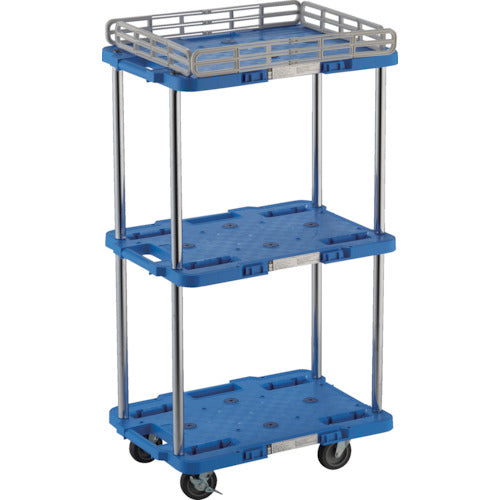 TRUSCO 樹脂製台車 ルートバン 3段式 柵1段付 370X500 4輪自在ストッパー付 青