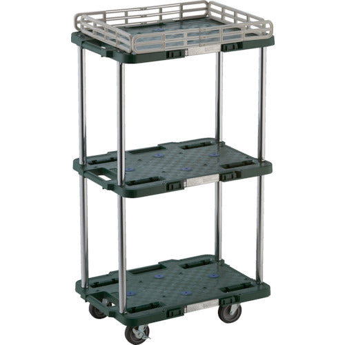 TRUSCO 樹脂製台車 ルートバン 3段式 柵1段付 370X500 4輪自在ストッパー付 緑
