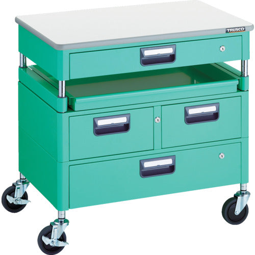 TRUSCO ツールワゴン フェニックスワゴン 省音 750X500 H740 引出付 スライド1段 天板付 ヤンググリーン