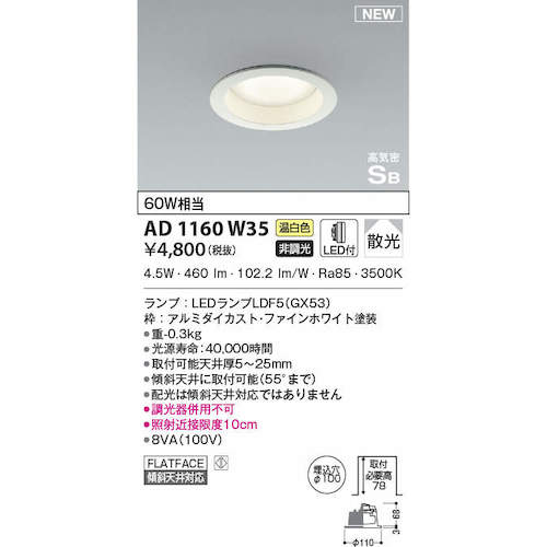コイズミ　住宅・店舗用照明　非調光　温白色　屋内用ＧＸランプ型ＬＥＤ付き　ＳＢダウンライト　６０Ｗ相当