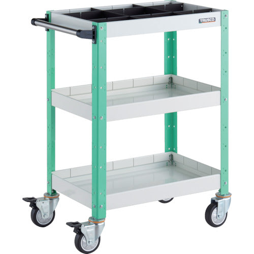 ＴＲＵＳＣＯ　ツールワゴン　バーディワゴン　６００Ｘ４００ＸＨ８８０　深３段　１段仕切板付　ウレタン車輪　ホワイト／ヤンググリーン