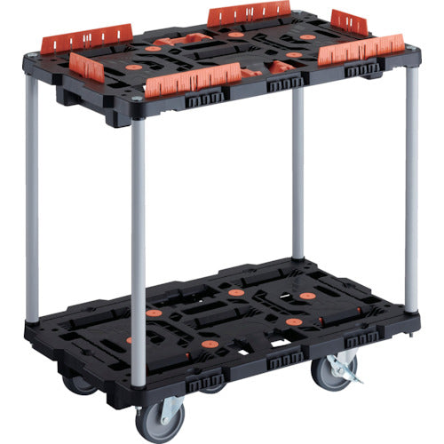 ＴＲＵＳＣＯ　連結式樹脂製２段台車　ビートル　７００Ｘ４５０　自在５輪　内２輪ストッパー付　コボレ止めセット　とめたろう付　ハンドルなし