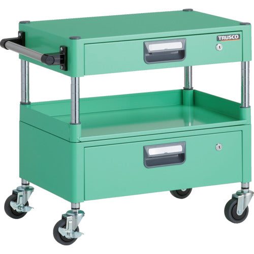 ＴＲＵＳＣＯ　ツールワゴン　フェニックスワゴン　省音　６００Ｘ４００ＸＨ６００　引出付　３方棚板付　ヤンググリーン