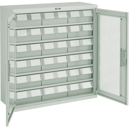 ＴＲＵＳＣＯ　コンテナラックケース　バンラックケース　Ｍ型　両開き扉　ＮＧ引出大Ｘ１８個　ネオグレー