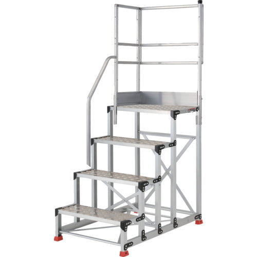 ＴＲＵＳＣＯ　アルミ製作業用踏台　縞板タイプ　４段　高さ１．０ｍ　天板寸法６００×４００　段高２５０ｍｍ　階段片手すり天場二方付き