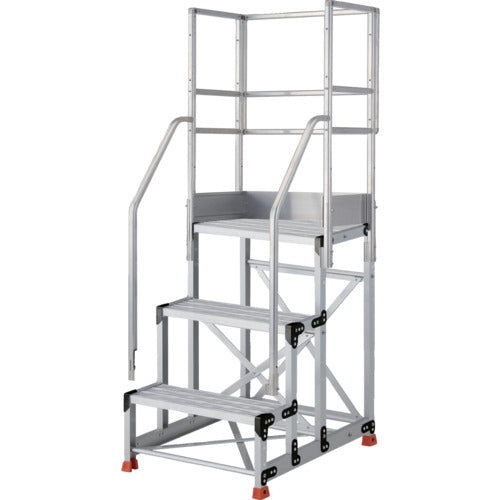 ＴＲＵＳＣＯ　アルミ製作業用踏台　グレーチングタイプ　３段　高さ０．７５ｍ　天板寸法６００×４００　段高２５０ｍｍ　フルセット手すり付き