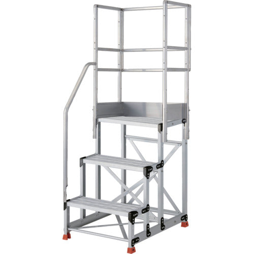 ＴＲＵＳＣＯ　アルミ製作業用踏台　グレーチングタイプ　３段　高さ０．９ｍ　天板寸法６００×４００　段高３００ｍｍ　階段片手すり天場三方付き