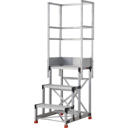 ＴＲＵＳＣＯ　アルミ製作業用踏台　グレーチングタイプ　３段　高さ０．９ｍ　天板寸法６００×４００　段高３００ｍｍ　天場三方手すり付き